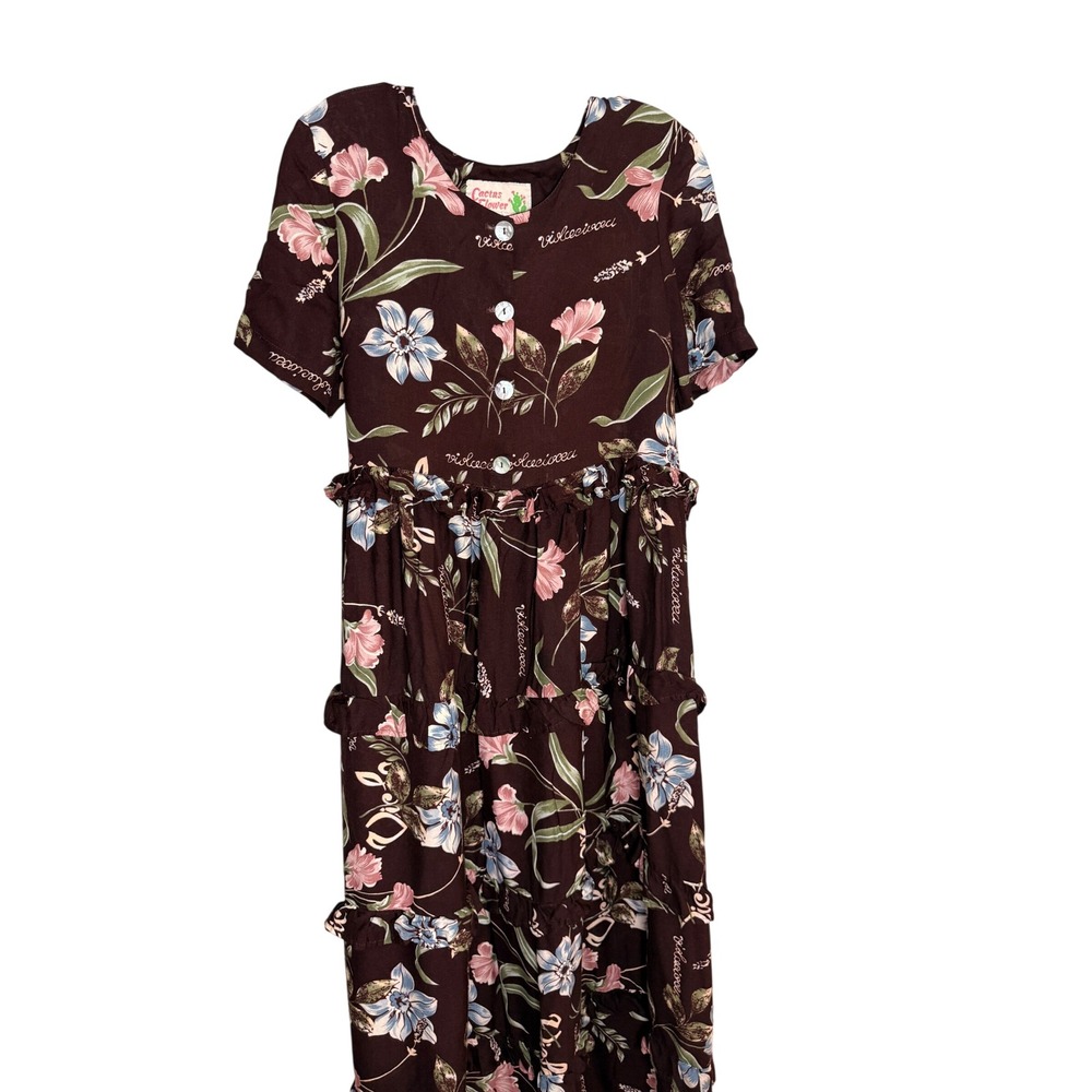 Cactus Flower Floral Tiered Maxi Dress Women Large Brown Rayon Cottagecore